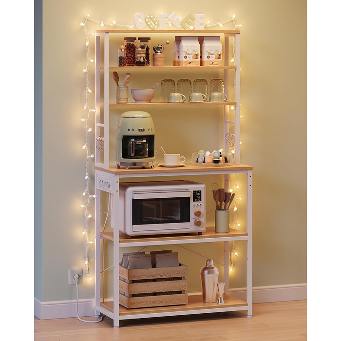 Стелаж кухонний VASAGLE з розетками, 6 полиць, гачки, сталевий каркас, 40x60x167 см, колір горіх + білий