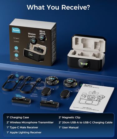 Мікрофон-петличка Aceele бездротовий для iPhone/Android/планшетів/ПК, Hi-Fi звук, шумозаглушення, 24 години роботи, радіус дії 50м, мініатюрний мікрофон для відео/стрімінгу/влогів/подкастів/інтерв'ю з кейсом для зарядки