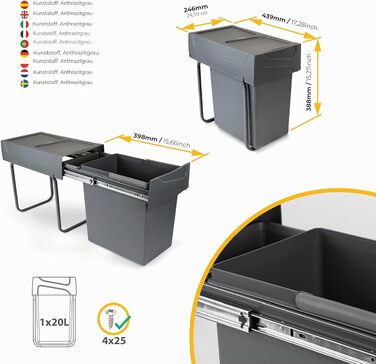 Сміттєвий відер Emuca для кухні з нижнім кріпленням, висувний контейнер для сортування сміття, 20 л, сталь та пластик, антрацит
