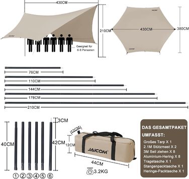 Водонепроникна тентова накидка Tarp 3.7 x 4.3 м з опорами, кільцями, шнуром, для кемпінгу, відпочинку на природі, захисту від сонця та дощу (Хакі)