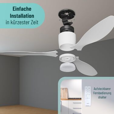 Стеляний вентилятор Noaton® Fornax Weiß з підсвічуванням, діаметр 132 см, DC мотор 40 Вт, диммований LED модуль 22 Вт, 3 колірні температури, пульт дистанційного керування, таймер, повітряний потік до 185 м³/хв.