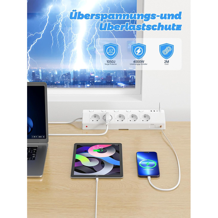 Мережевий адаптер PASSUS 5-fach з 2 USB-C (PD 30W), захист від перенапруги, індивідуальне вмикання, 10-в-1, кабель 2м, чорний