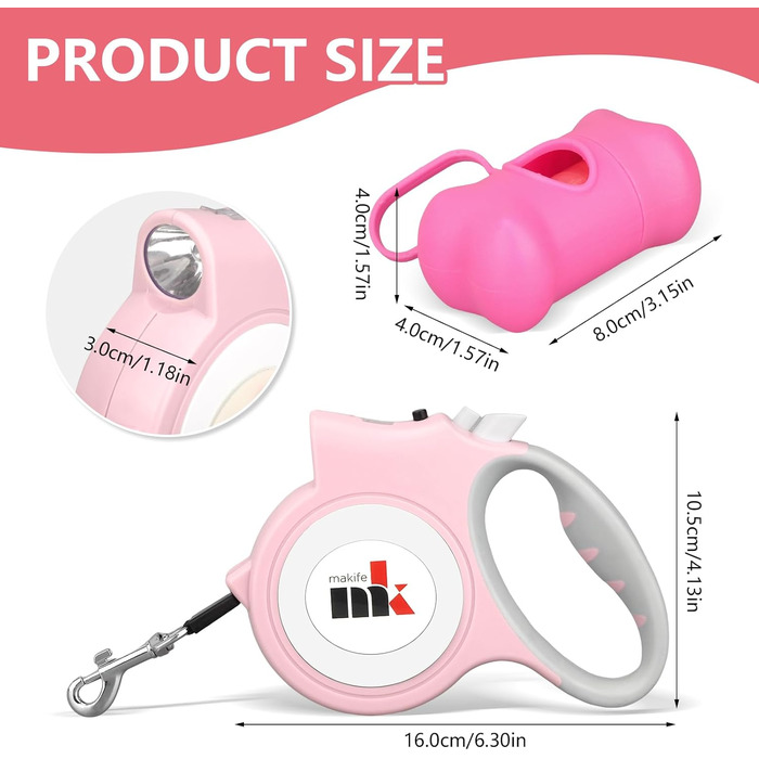 Висувна поводок для собак з LED-підсвіткою, 5 м, з мішками для собачого посліду, для собак маленьких та середніх порід до 25 кг, система гальма та блокування, ергономічна ручка, світло-рожевий колір