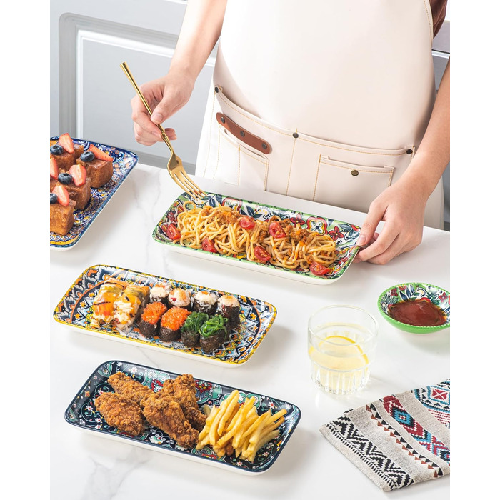 Сервіровочні тарілки HENXFEN з порцеляни, 10 дюймів, набір прямокутних тарілок для салату, закусок, сашимі, богемний квітковий дизайн у 6 яскравих кольорах