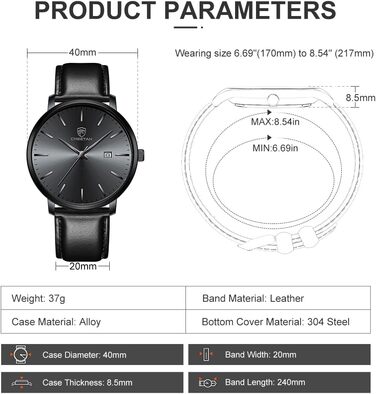 Чоловічий годинник CHEETAH Minimalistische, аналоговий кварц, водостійкий 3 ATM, з шкіряним ремінцем, з датою, спортивний годинник для молоді (Чорний/Чорний)