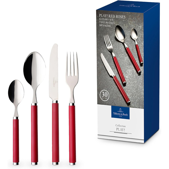 Villeroy & Boch – Play! Red Roses Tableware Set 30-Piece, Red, Dishwasher-Safe, Colorful Handles, Plastic Handles, Cutlery Set, Dinner Cutlery, Knives, Forks, Stainless Steel, Plastic