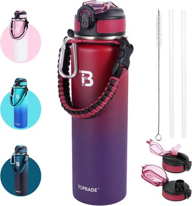 Stainless Steel Water Bottle 1900 ml (+2 Lids), 1.9 Liter Insulated Water Bottle with Straw, Leak-Proof Double-Walled Insulated Bottle with Chug Lid for School, Fitness, Outdoor (710 ml, Red Blue)