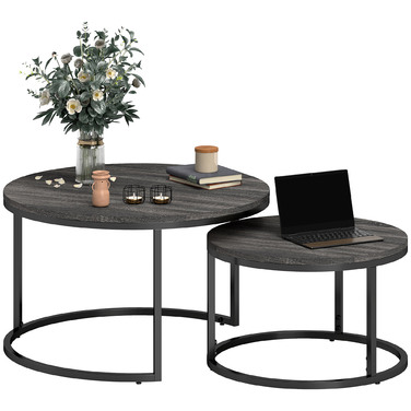 HOMCOM Round Coffee Table 2-Piece Set Stackable Side Table with Metal Frame, Living Room Table with Wood-Look Finish, Coffee Table for Living Room Bedroom Black | Aosom