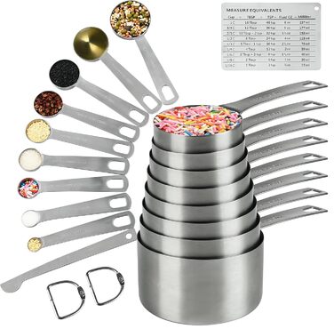 Stainless Steel Measuring Cups and Spoons Set, 8 Piece Measuring Cups, 9 Piece Spoons, 1 Leveler, 1 Conversion Chart for Stainless Steel Measuring Cups, 18/8 (304)