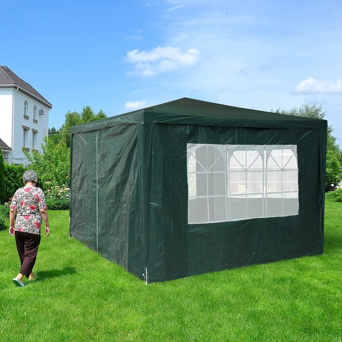 Relaxdays Pavilion Side Wall Set, 4-Piece, 3 Walls, Window, Side Panel with Zipper, Plastic, WxH 2x3 m, Green