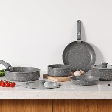 Набір посуду з керамічним покриттям 9 предметів, антипригарний, для індукції та духовки, без PFOA та PTFE, сірий