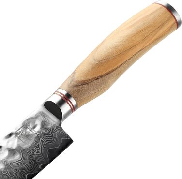 Японський ніж Santoku Zayiko Minami Premium з 12 см лезом з дамаської сталі 67 шарів, ручка з оливкового дерева, дерев'яна коробка. Кухонний ніж для професіоналів та дому без гравіювання