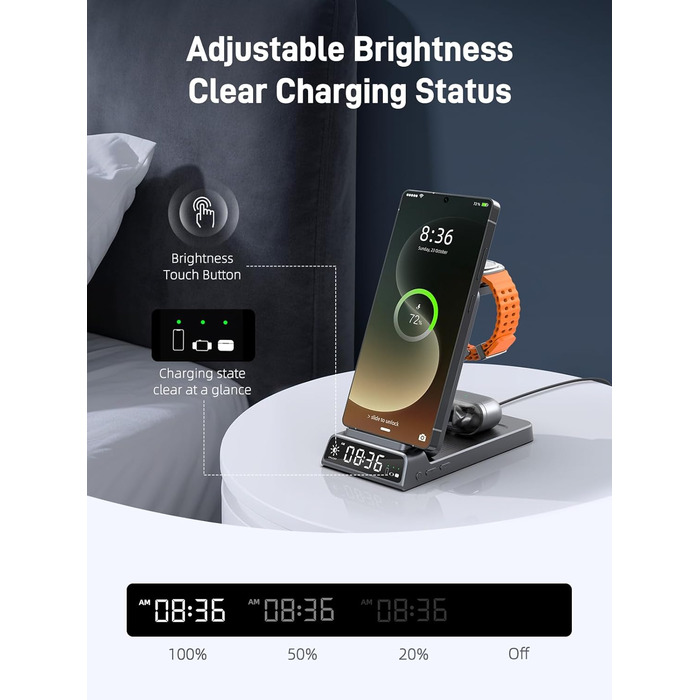 Бездротова зарядка для Samsung з годинником: станція для Galaxy S25 Ultra/S24/Z Fold 6/Flip 7/Bud, Watch, Galaxy Watch 8/7/6/5Pro, 3 в 1, сірий