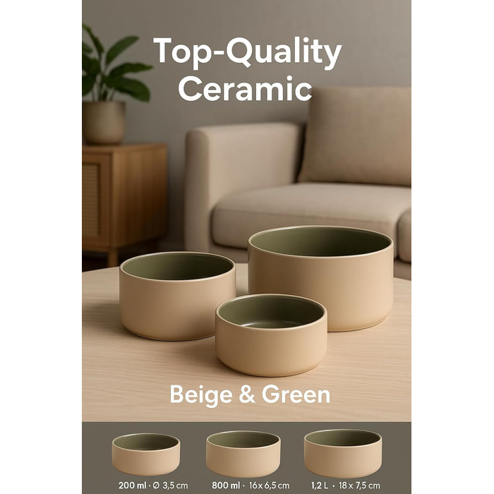 Миска для собак з кераміки, велика, 1.2л, антиковзаюча, бежево-зелена, Flamingo Anca, 1.2 л