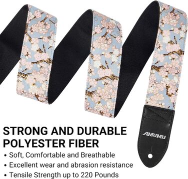 Гітарний ремінь Amumu з бавовни з вишивкою троянд та шкіряними кінцями для бас, електро та акустичної гітари, з фіксатором та блоками для ременя (Цвітіння сливи)