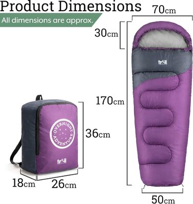 Дитячий спальний мішок Trail Mumienschlafsack для кемпінгу 3 сезони – 300gsm – для хлопчиків та дівчаток – фіолетовий