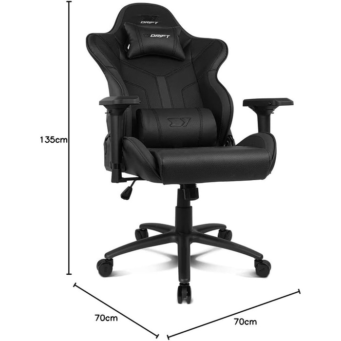 Професійне ігрове крісло DRIFT GAMING DR350 ергономічне, з 4D-підлокітниками, подушками під поперек та шию, нахил спинки 135°, безшумні колеса, чорно-біле