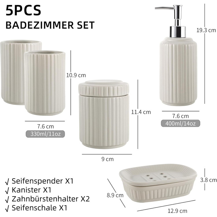 Набір для ванної кімнати NOVAJOY, кераміка, 5 предметів: мильниця, дозатор мила, тримач для зубних щіток, контейнер для ватних паличок, декор для ванної кімнати преміум-якість (абрикосовий сірий)