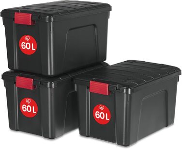 Iris Ohyama Large Plastic Storage Box, 60L Garage Storage Box, 3-Piece Set, SIA-60, Black, Stackable, Binder Clips? B59 x D39.5 x H35.5 cm