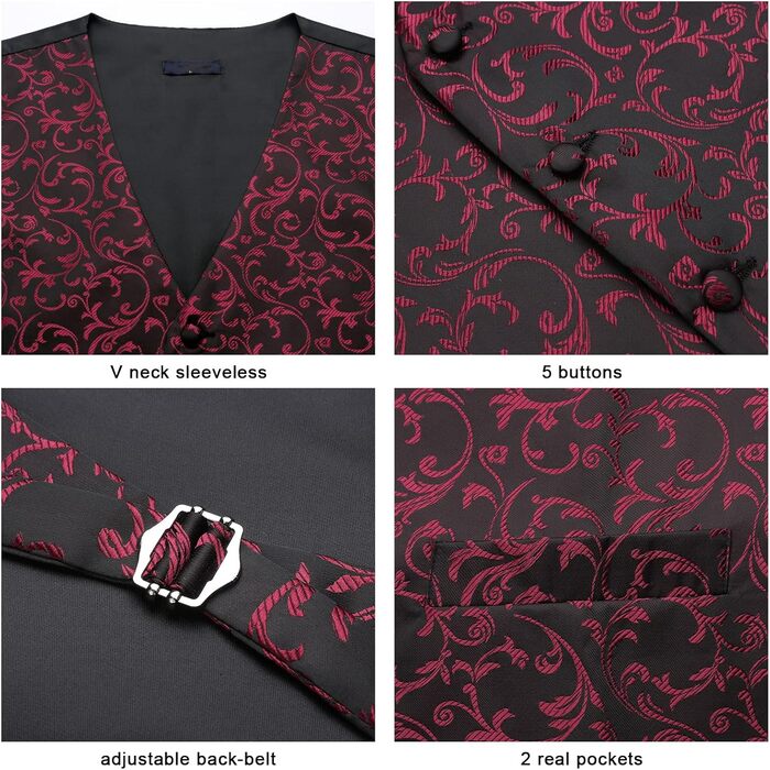 Костюмний жилет для чоловіків Enlision на весілля з павальовим візерунком, краватка та нагрудна хустинка. Чорно-вишневий, XL