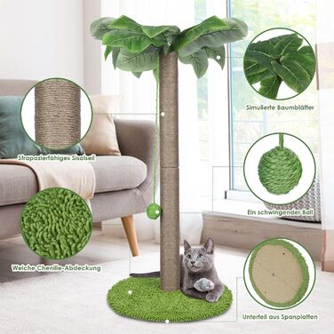 Zvonema Kratzbaum-Kratzstamm with 80 cm Scratching Post for Small and Large Cats, Sisal Rope Cat Scratching Tree with 1 Interactive Ball, Scratching Post Cat Furniture, for Indoor Activity, Play (Scratching Post with 85 cm, Green)