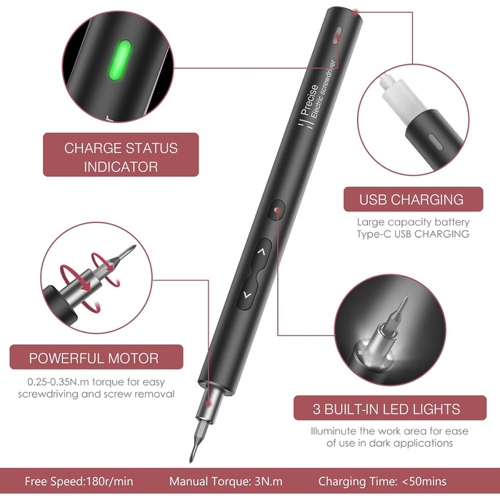 Міні-шуруповерт LOFICOPER 28 в 1: акумуляторний набір з LED, USB-C, 24 біти для ремонту ноутбуків та годинників (чорний)
