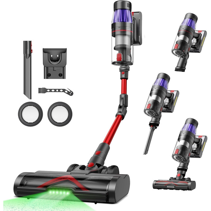 Бездротовий акумуляторний пилосос Ultenic 50KPA/550W, 60 хвилин роботи, об'єм 1,5 л, сенсорний дисплей, щітка проти ковтунів, док-станція на стіні, поворотний на 180°, для шерсті тварин/килимів/твердих підлог, зелений колір