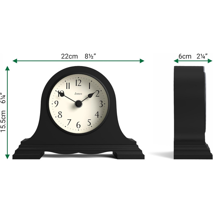 JONES CLOCKS® Speakeasy Table Clock | Classic Napoleon Hat Design | Black | Contemporary classic style for desk, table, shelf, or nightstand