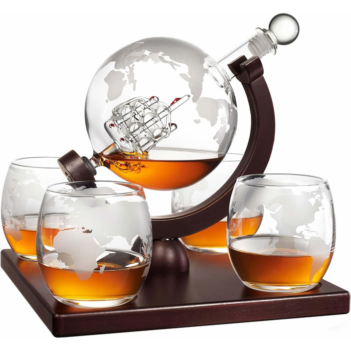 Crystal Whiskey Decanter Globe Set with 4 Glasses - Bourbon, Rum, Scotch Gift for Men, Dad, Him - Transparent Globe Decanter Set