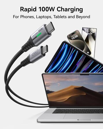 Кабель USB-C 100W з підтримкою PD3.0, 3м, чорний. Кабель USB-C для iPhone, Samsung, Pixel, iPad, MacBook. Нейлон, швидка зарядка