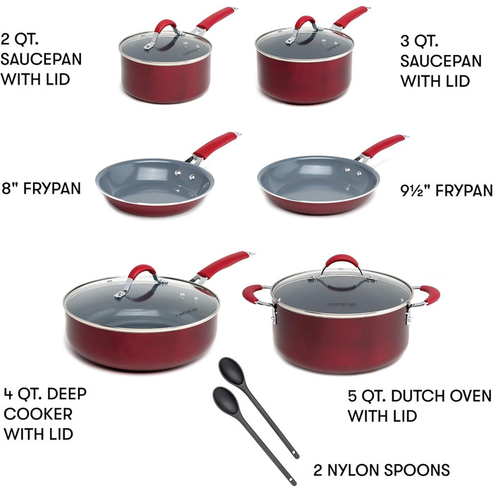 Набір каструль та сковорідок Cooking Light з антипригарним покриттям Ceramic, 12 предметів, з силіконовими ручками, червоний