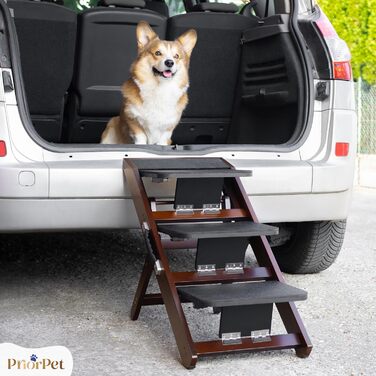 Сходинки для собак на ліжко та диван 2-в-1 - регульована рамка для собак, 18-50 см - для маленьких собак - легка переносна сходинка з платформою, натуральний колір (коричневий)