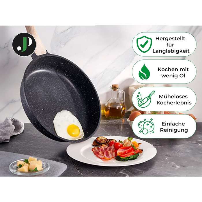 JUST PERFECTO Induction Cookware Set - Frying Pan Set with Lid - 24cm Frying Pan, 28 cm Frying Pan - Cookware Set 28cm Non-Stick Pan without PTFE and PFOA (15-Piece Black)