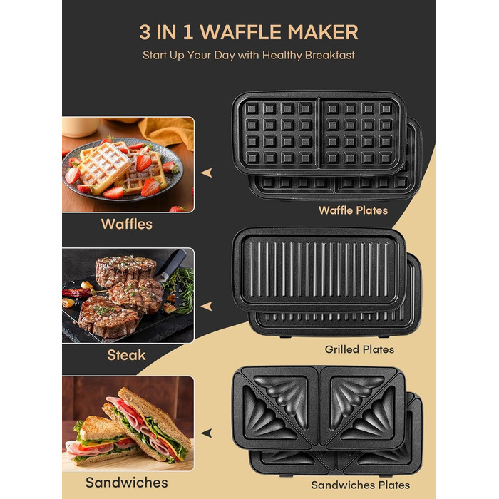Sandwichmaker 1200W 3-в-1: сендвічниця, вафельниця, контактний гриль з регулюванням температури та антипригарним покриттям | LED-дисплей, нержавіюча сталь/чорний