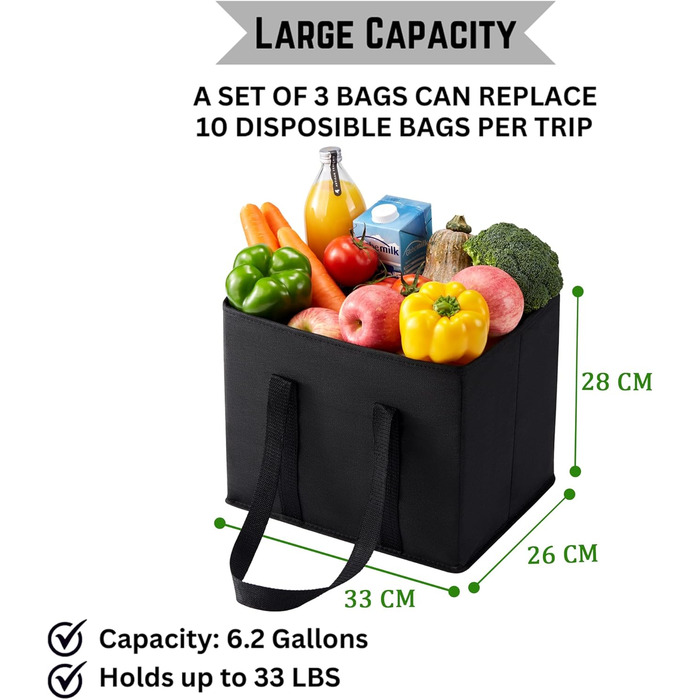 23.5 Liter Large Shopping Bag Foldable, Folding Boxes with Reinforced Bottom, Reusable Shopping Bags, Holds Up To 15 kg Shopping Bag (Black, 3-Pack)