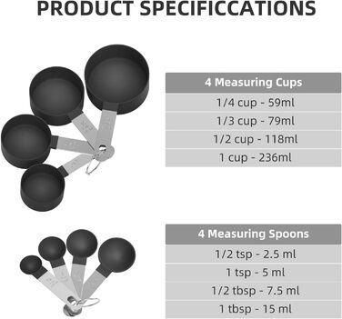 Набір мірних ложок та мірний стакан з нержавіючої сталі, 8 шт. - для рідин та твердих інгредієнтів, випічки, кулінарії