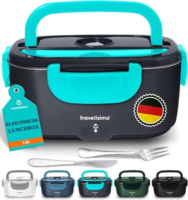 TRAVELISIMO Electric Lunch Box 80W Thermo Lunch Box for Hot Food, 1.5L Heat Box 3-in-1 Food Warmer, Food Warming Box for 12V/24V/220V, for Work, Car, Truck Lunchbox Electric, Heat Box