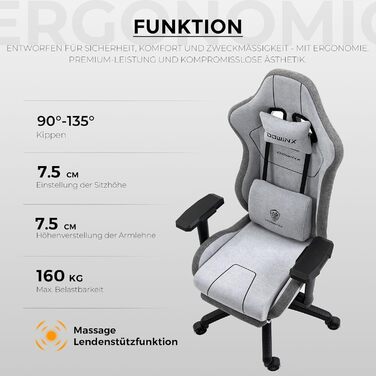 Ігрове крісло Dowinx з тканини XXL, ергономічне, з масажем, 4D підлокітники, підніжка, сіре, для ПК та офісу