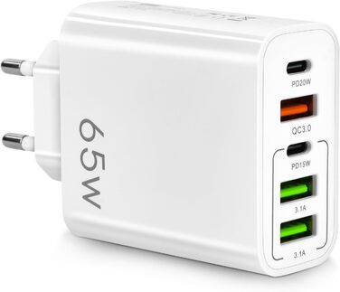 Мережевий адаптер AXFEE 65W 5-портовий з USB-C та USB-A, швидка зарядка PD 3.0 для iPhone 14 Pro Max 13, білий