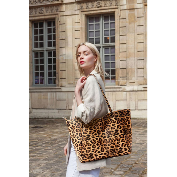 Сумка жіноча KALIDI шопер велика зі шкірозамінника (PU) з блискавкою для роботи, покупок, школи - Леопард