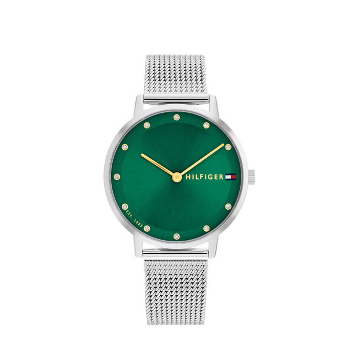 Годинник Tommy Hilfiger для жінок з кварцовим механізмом та сталевим браслетом (ланцюговим або сітчастим), з шкіряним або силіконовим ремінцем (зелений, металевий)