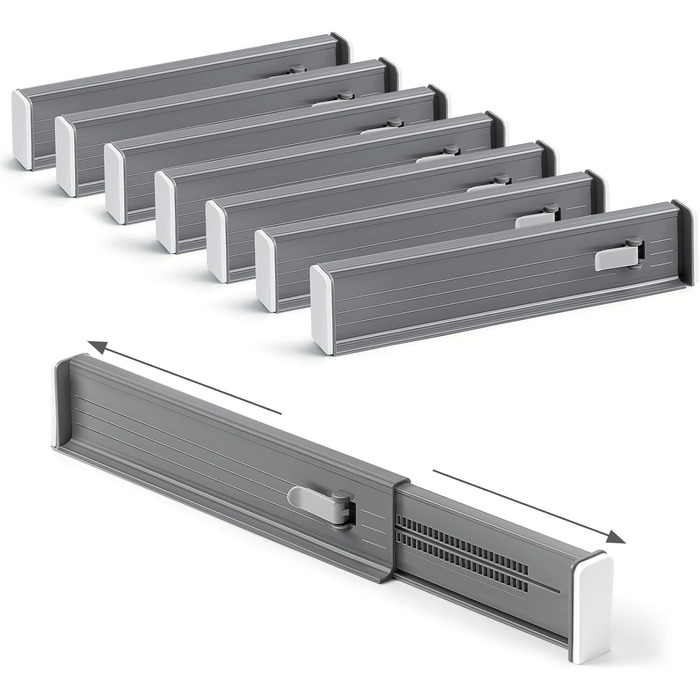 DIMJ 8-Piece Drawer Dividers Adjustable (32.6-56cm) Plastic, Closet Organizer for Kitchen Storage, Bedroom, Dresser, Light Gray