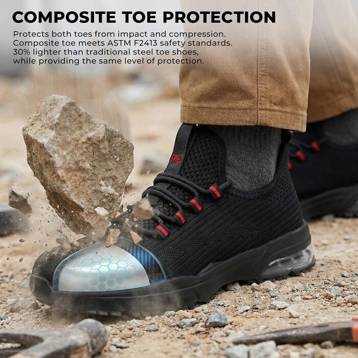 Захисні черевики SPIEZ для чоловіків та жінок, легкі робочі черевики з композитною захисною шапкою, неслизькі з повітряною подушкою для комфорту, чорно-червоні, розміри EU 36–46