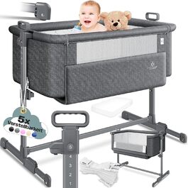 KESSER® Hubi 3in1 Bedside Bed, Travel Bed, Baby Bed with Soft Mattress, Mobile Bed, 5-Level Height Adjustment, Foldable Side Rail for Home and On the Go, Dark Grey