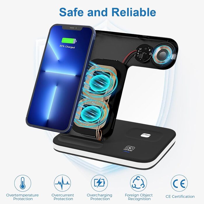 Зарядна станція 3-в-1 для Apple Watch та iPhone: бездротова зарядка для iPhone 16/15/14/13/12/11/Pro/Max/X/8/Plus та Apple Watch 10/9/Ultra/8/7/6/SE/5/4/3/AirPods Pro 4/3/2