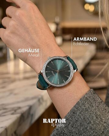 Жіночий наручний годинник Raptor elegant з блискітками, сріблястий корпус та чорний шкіряний ремінець