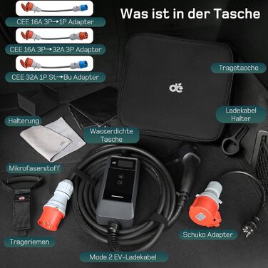 Зарядна станція для електромобілів Dé 11 кВт (3 фази, 6-16A) з регульованою потужністю, кабель CEE 16A - Type 2, сумісна з Model Y/3, ID.3/4/5, MG4, EX30, e-up, e-tron та BEV/PHEV, комплект 7м
