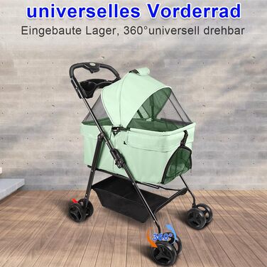 Візок для собак та котів OHMG, складний, до 20 кг, з гальмами, великий кошик, 3 вікна, тримач для напоїв, зелений (50 x 65 x 99 см)
