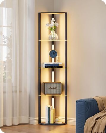 Стійка лампа EDISHINE з 4 полицями з дерева, LED диммер, 3 колірні температури, поворотний світловий маніпулятор, підсвічування полиць, футовий вимикач (чорний+скло)