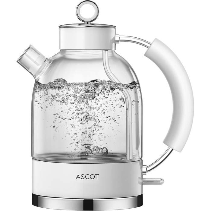 Електричний чайник ASCOT з боросилікатного скла, 2200W, 1.5L, без BPA, тихий, з функцією захисту від сухого кипіння та автоматичним вимкненням, білий